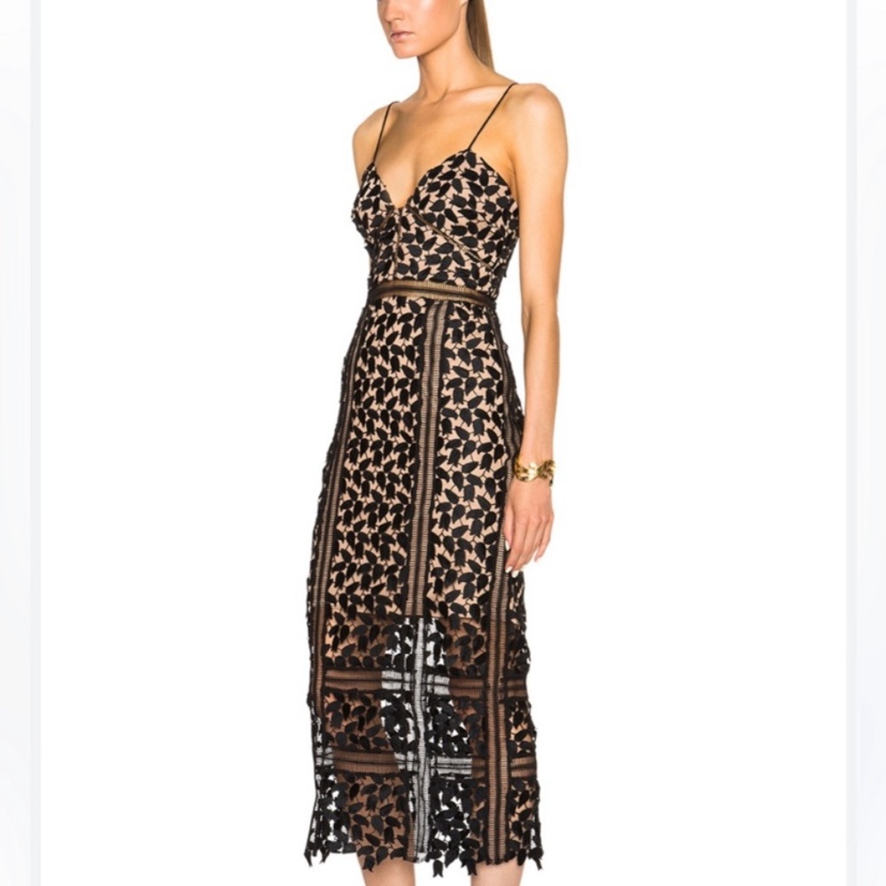 Self portrait Arabella black Floral Lace Midi Dress with Spaghetti Straps